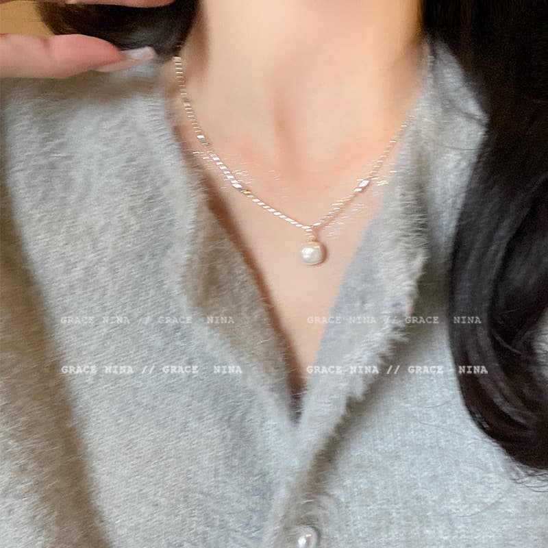 Silver Baroque Pearl Twisted Chain Necklace — front view