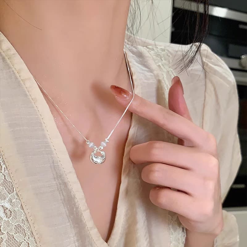 Silver Ingot Cat Eye Stone Pendant Necklace — front view
