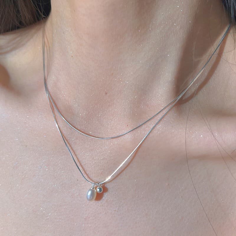 Layered Snake Chain Pearl Drop Necklace — Necklace layereds from Mowey Studio