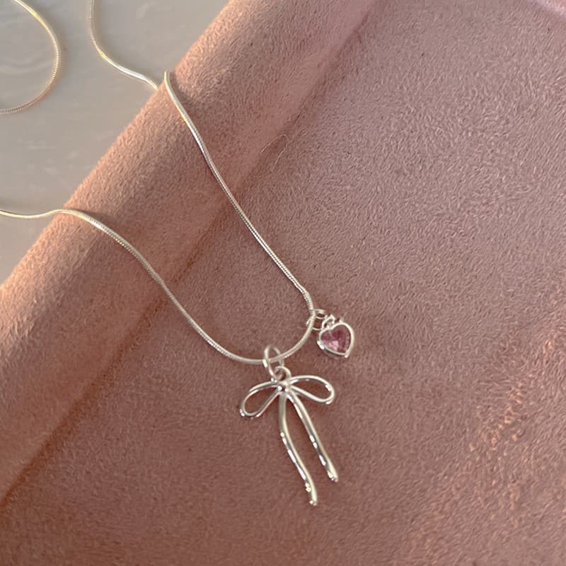 Pink Heart Wire Bow Charm Necklace — Necklace pendants from Mowey Studio