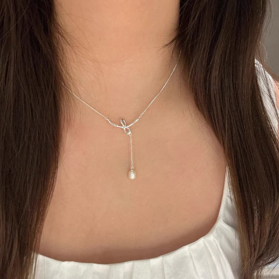 Bow Lariat Pearl Drop Necklace — Necklace lariats from Mowey Studio
