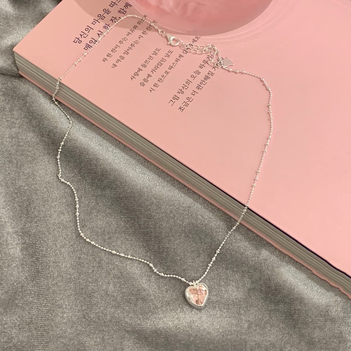 Pink Crystal Heart Ball Chain Necklace — front view