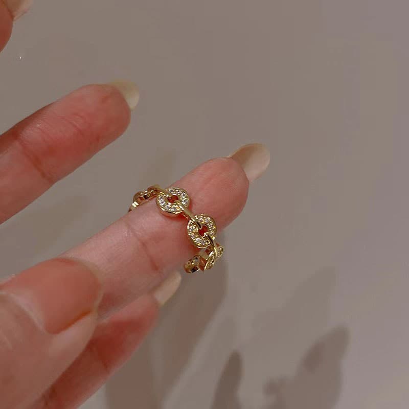 Gold Coin Charm Chain Band Ring — front view