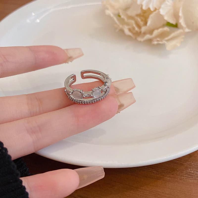 Silver Cat Eye Stone Double Layer Open Ring — Ring statements from Mowey Studio