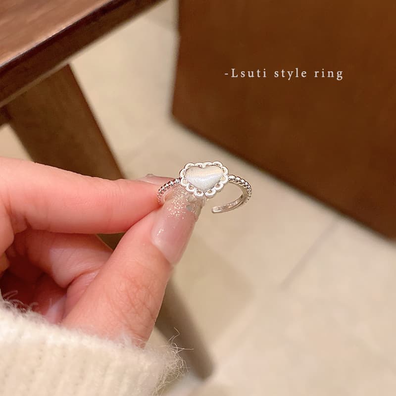 Silver Lace Heart Beaded Open Ring — front view
