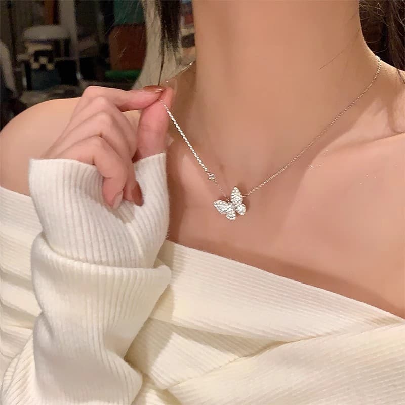 Silver Pave CZ Butterfly Pendant Necklace — front view