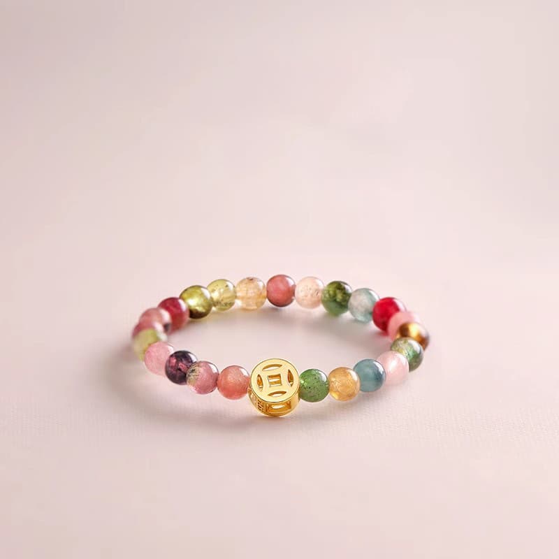 Multicolor Tourmaline Bead Coin Gold Stretch Ring — front view