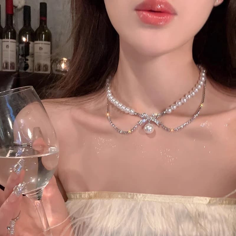Silver Pearl Cross Bow Choker Necklace — Necklace chokers from Mowey Studio