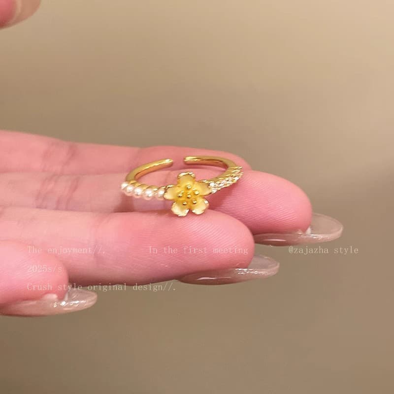Gold Cherry Blossom Pearl Bead Open Ring — Ring statements from Mowey Studio