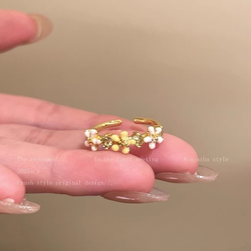 Gold Triple Daisy Pearl Cluster Open Ring — Ring statements from Mowey Studio
