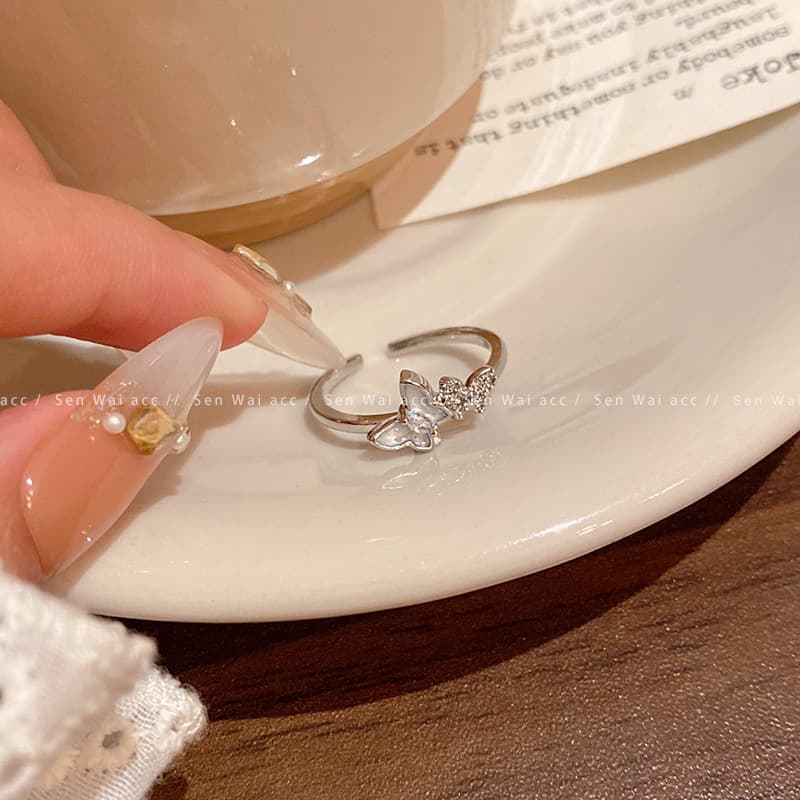 Silver Crystal Butterfly Heart Open Ring — Ring statements from Mowey Studio