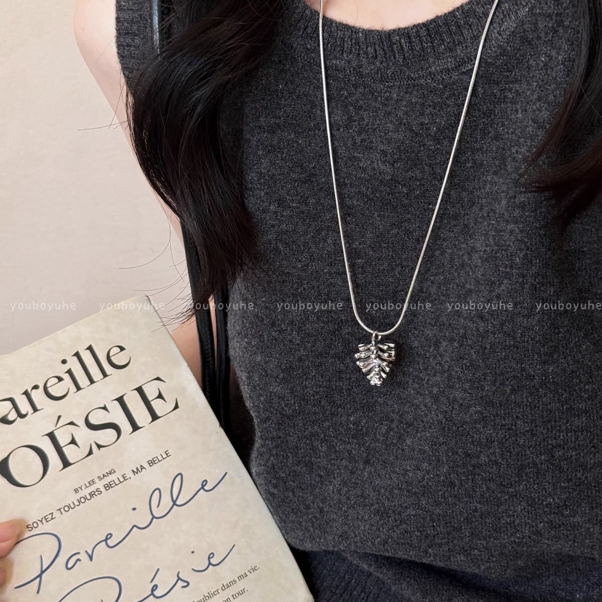 Silver Pinecone Pendant Snake Chain Necklace — front view