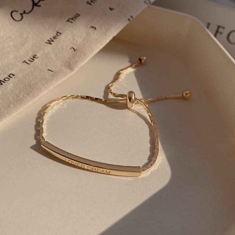 Gold Engraved Bar Letter Chain Bracelet — front view
