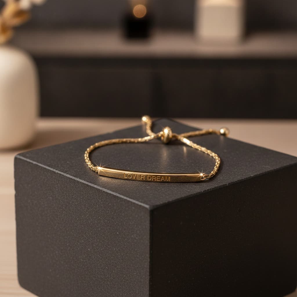 Gold Engraved Bar Letter Chain Bracelet — view 3
