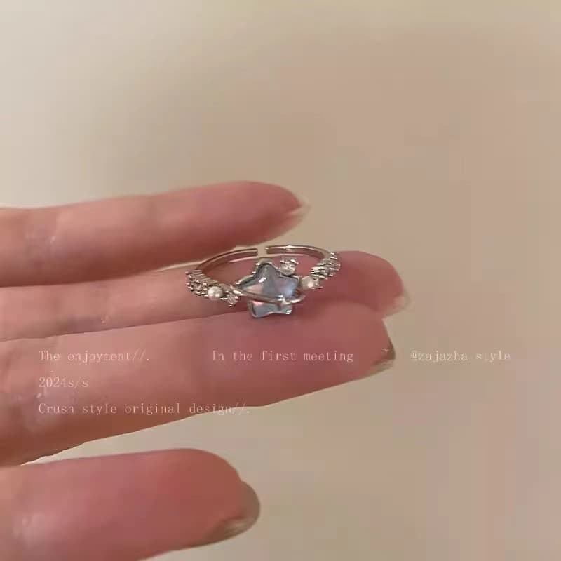 Silver Blue Star Pearl Double Open Ring — front view