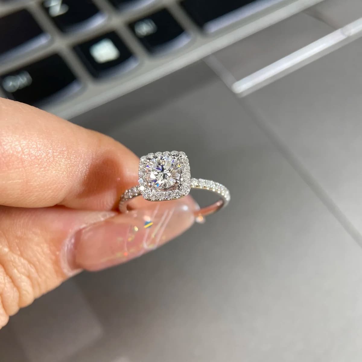 Silver Square Cushion Halo CZ Ring — Ring crystals from Mowey Studio