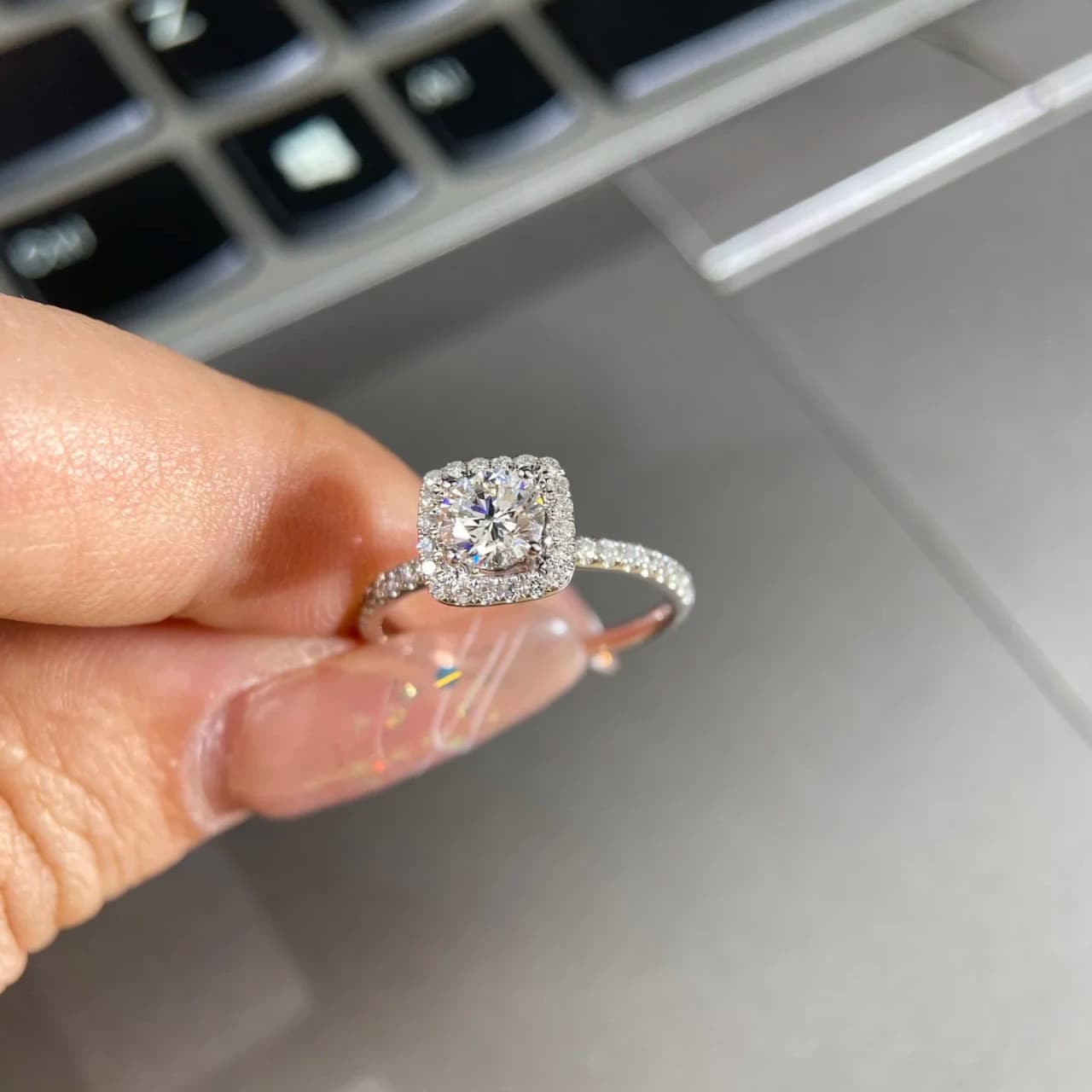 Silver Square Cushion Halo CZ Ring — front view