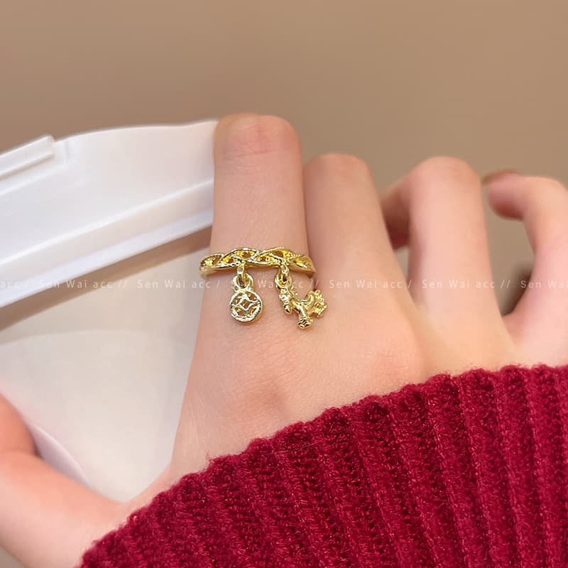 Gold Fortune Coin Pixiu Charm Band Ring — front view
