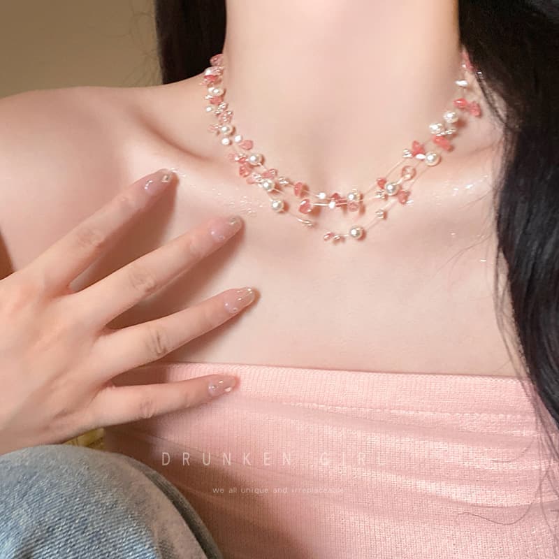 Pink Crystal Pearl Layered Beaded Necklace — front view