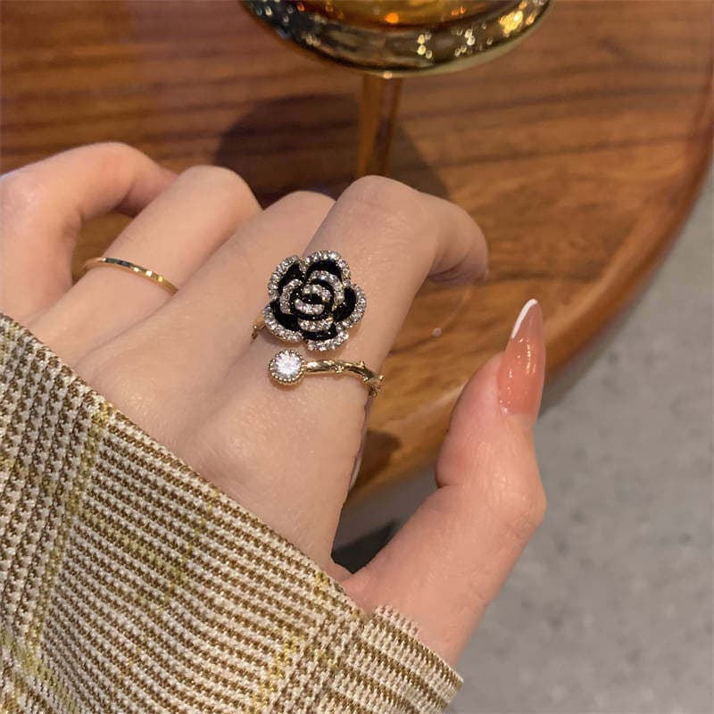 Gold Black Camellia Crystal Open Ring — Ring statements from Mowey Studio