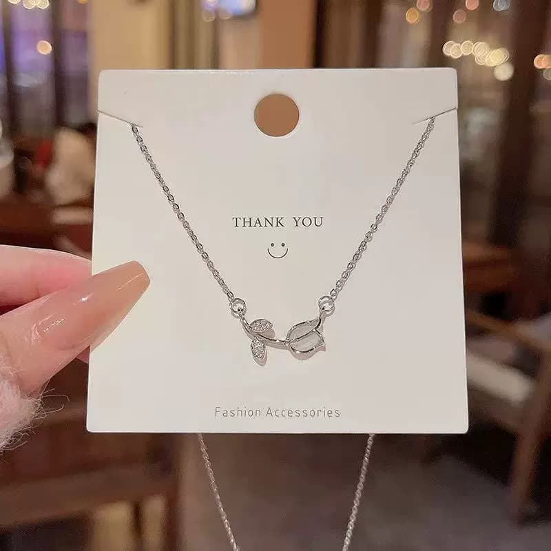 Silver Tulip Flower Titanium Pendant Necklace — front view