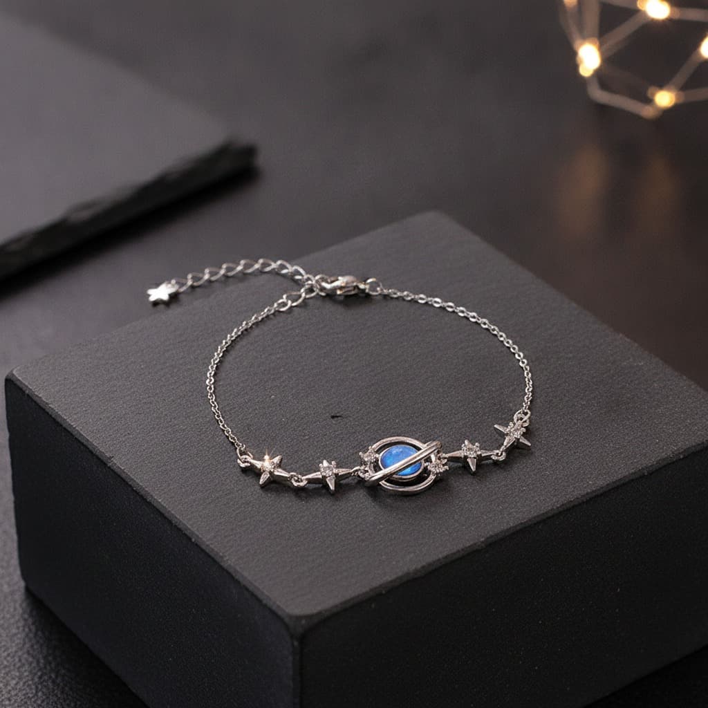 Silver Blue Planet Star Charm Chain Bracelet — view 3