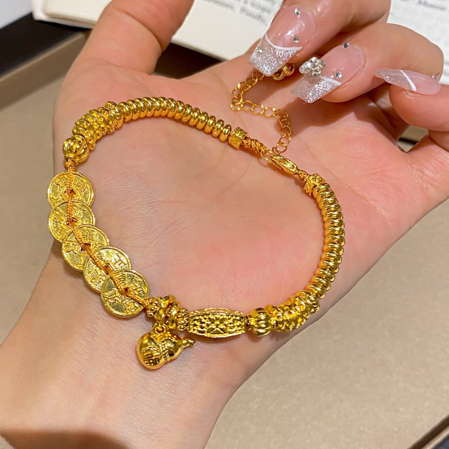 Gold Lucky Coin Gourd Charm Beaded Bracelet — front view