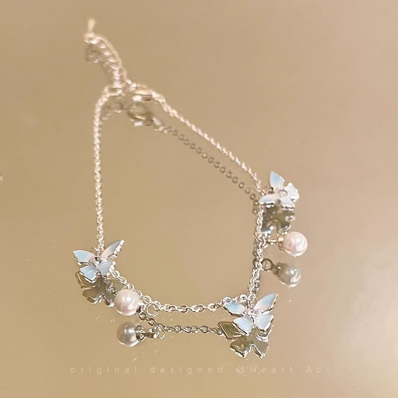 Mint Blue Butterfly Pearl Drop Layered Bracelet — Bracelet charms from Mowey Studio