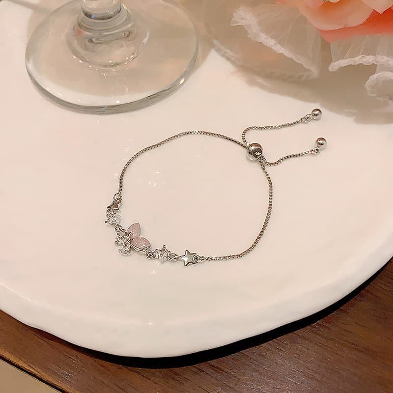 Silver Pink Butterfly Star Adjustable Chain Bracelet — Bracelet charms from Mowey Studio
