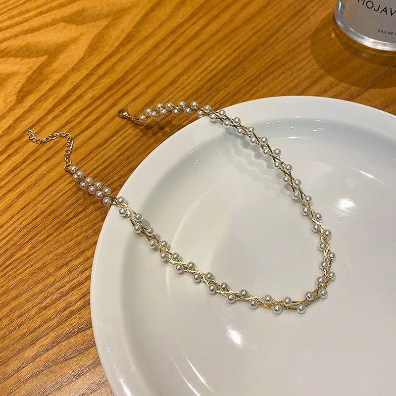 Gold Pearl Woven Chain Collar Necklace — Necklace pearls from Mowey Studio