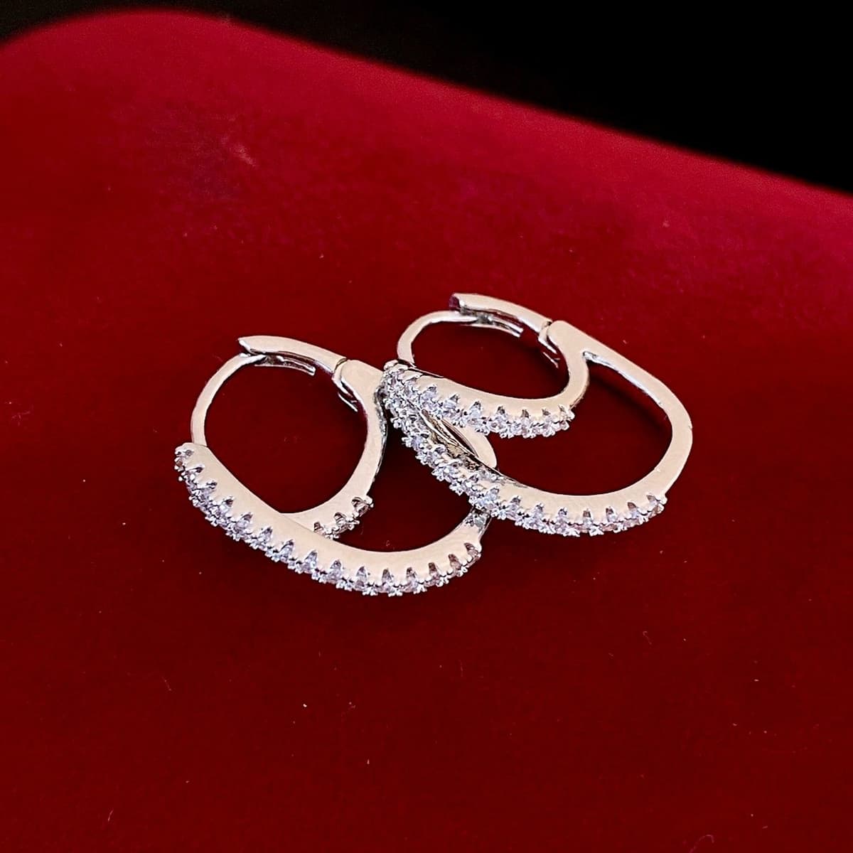 Silver Crystal Pavé Curved Square Huggie Hoop Earring — front view