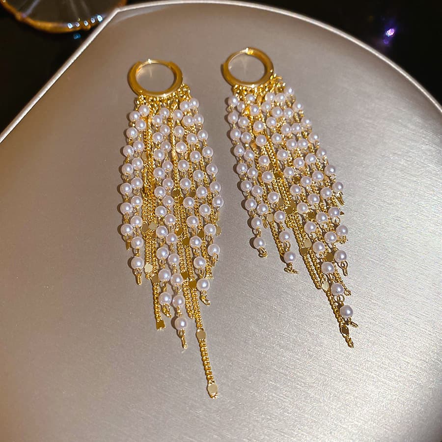 Gold Seed Pearl Chain Fringe Clip-on Earring — front view