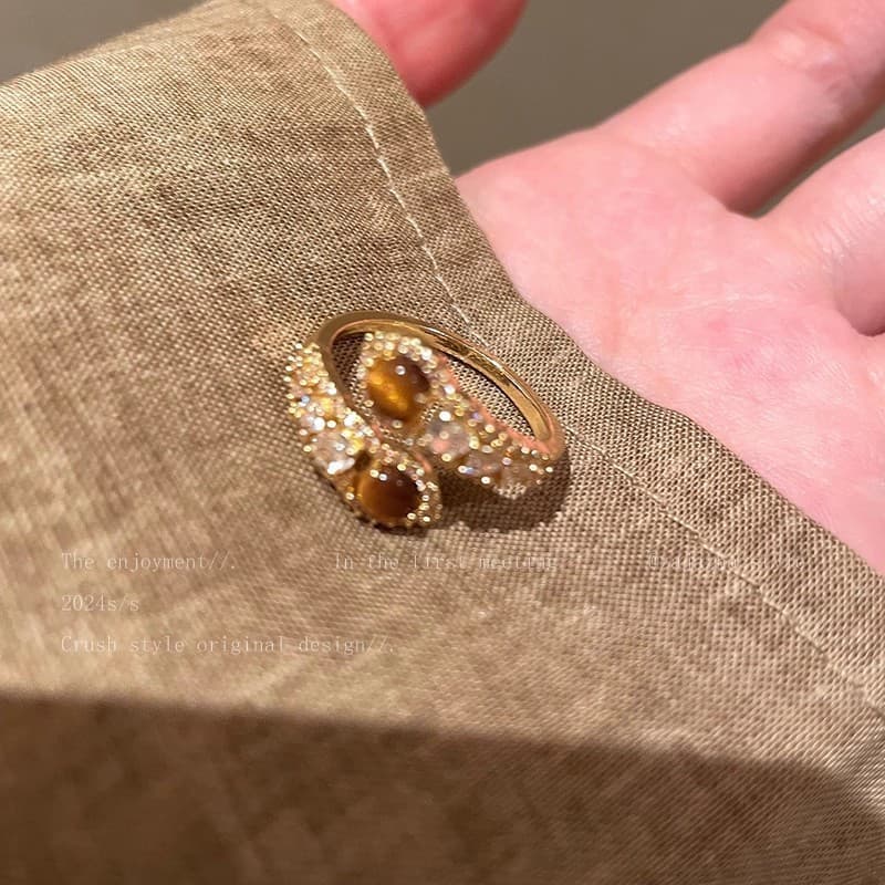 Gold Tiger Eye Three Stone Cluster Open Ring — Ring statements from Mowey Studio