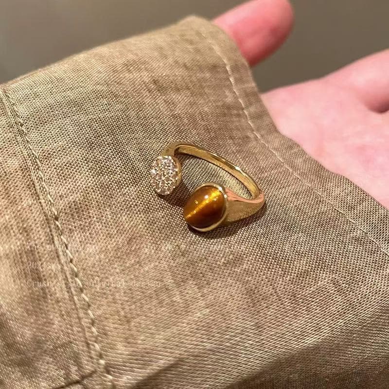 Gold Tiger Eye Crystal Duo Open Ring — Ring statements from Mowey Studio
