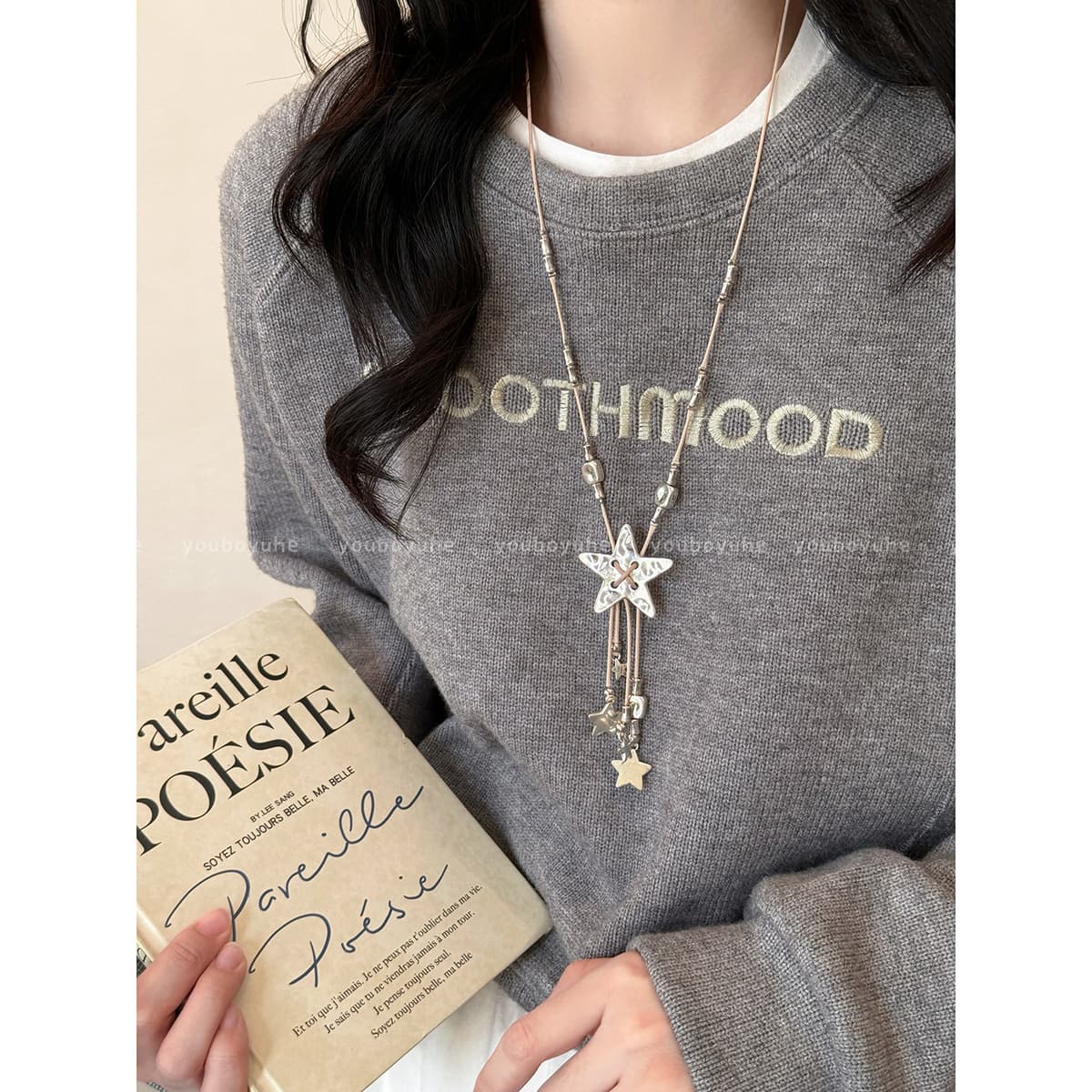 Silver Star Tassel Long Snake Chain Necklace — front view