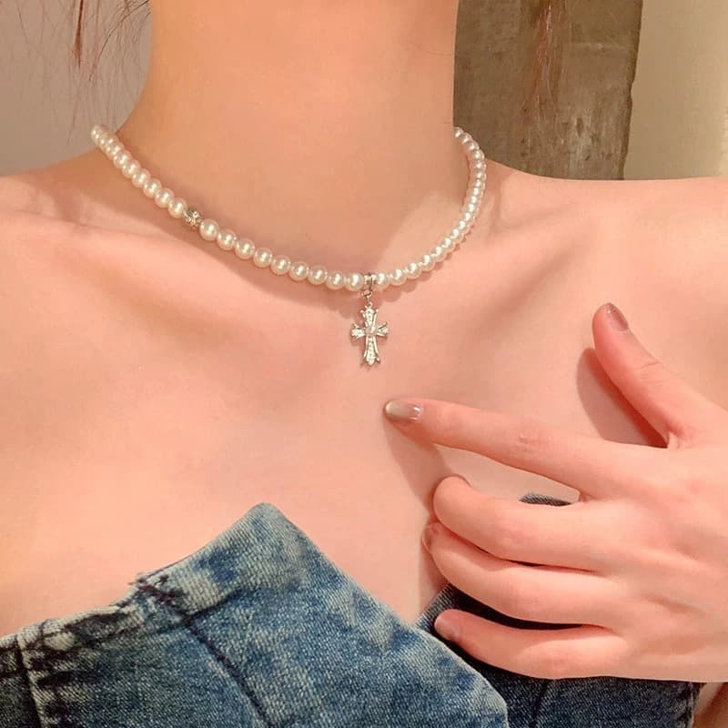 Pearl CZ Cross Choker Necklace — Necklace chokers from Mowey Studio
