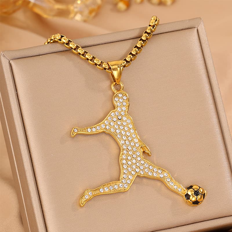 Gold Full Crystal Kicking Player FIFA World Cup 2026 Pearl Chain Pendant Necklace — front view