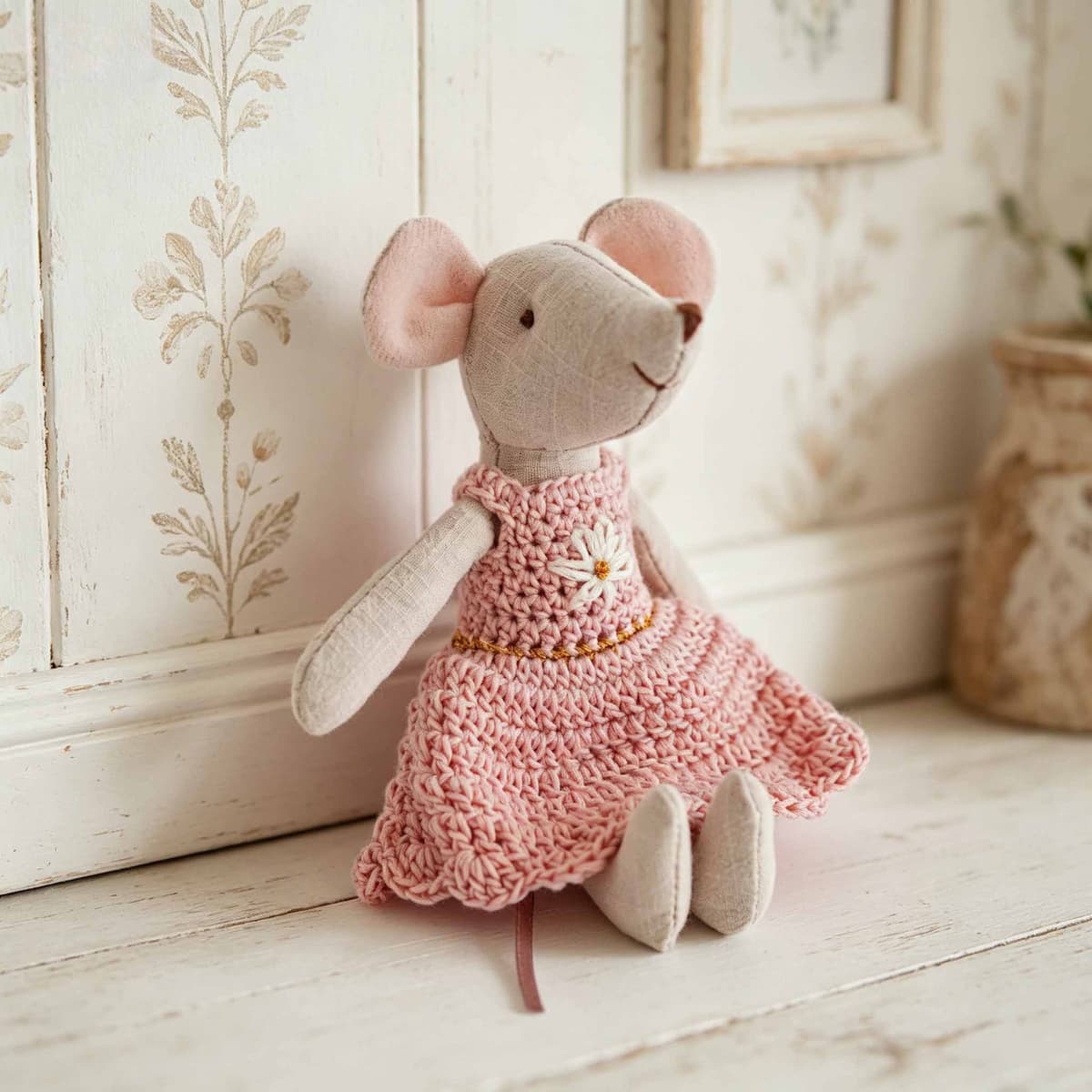 Pink Crochet Dress Mouse Plush 15cm — Mouses from Mowey Studio