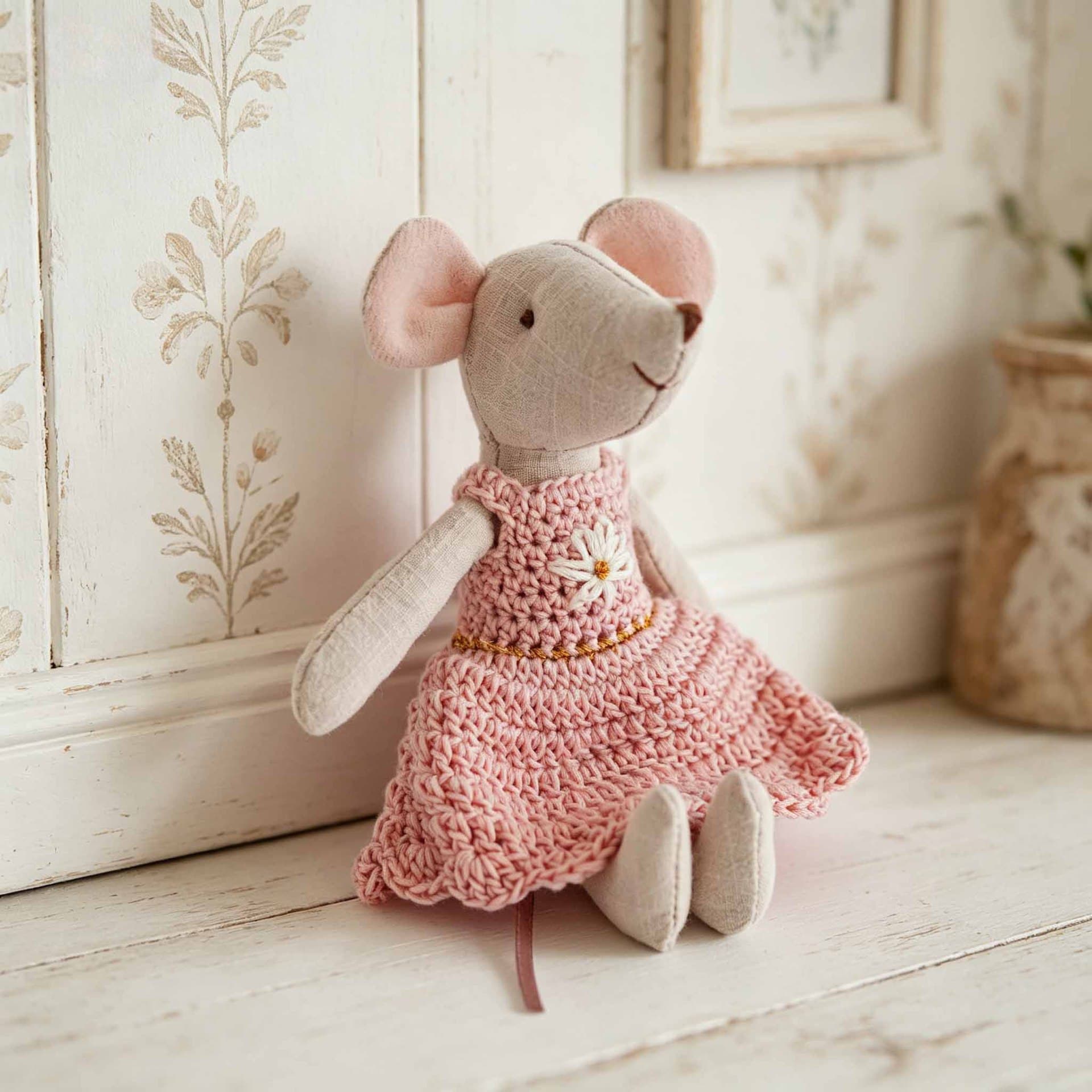 Pink Crochet Dress Mouse Plush 15cm — Mouses from Mowey Studio