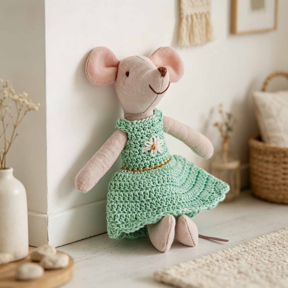 Green Crochet Dress Mouse Plush 15cm — Mouses from Mowey Studio