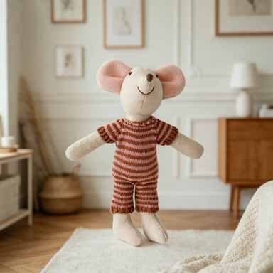 Pink Brown Stripe Romper Mouse Plush 15cm — front view