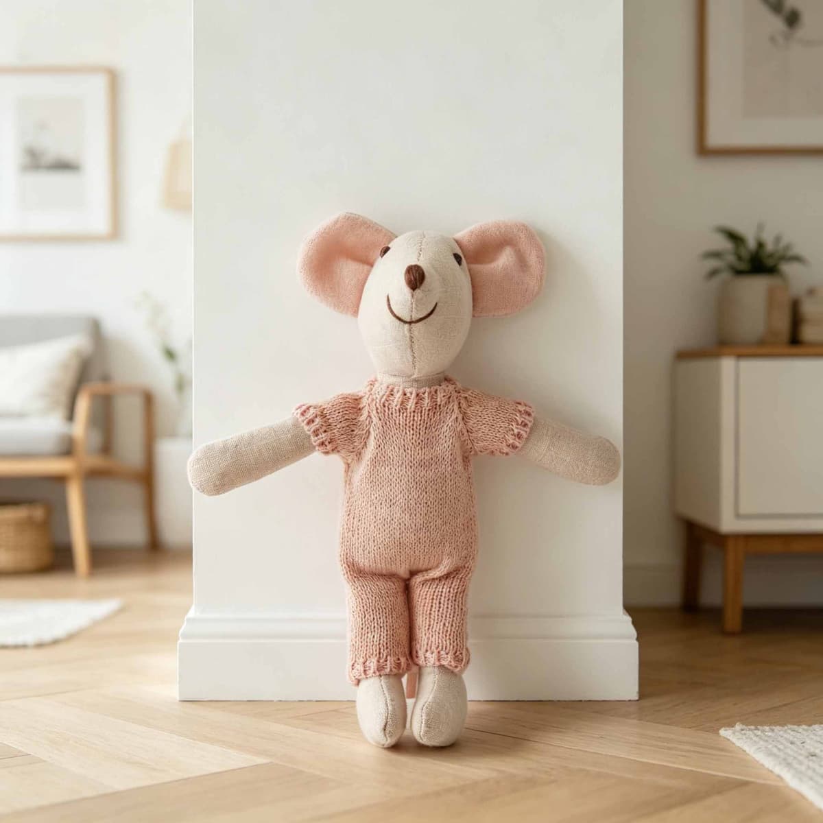 Pink Yellow Stripe Romper Mouse Plush 15cm — front view