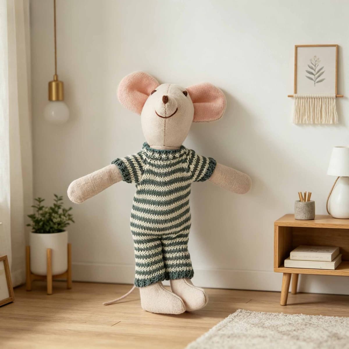 Green White Stripe Romper Mouse Plush 15cm — front view