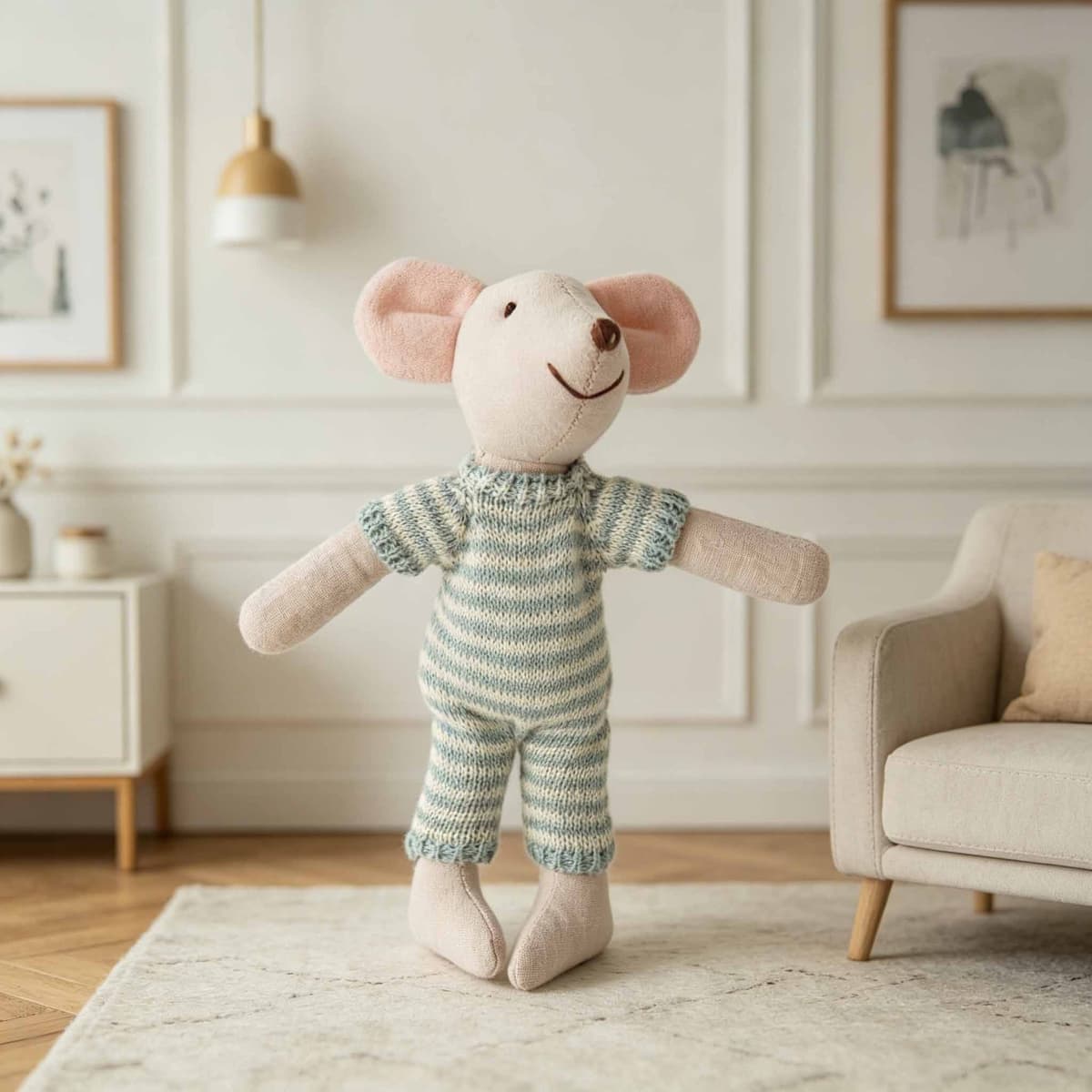 Grey White Stripe Romper Mouse Plush 15cm — front view