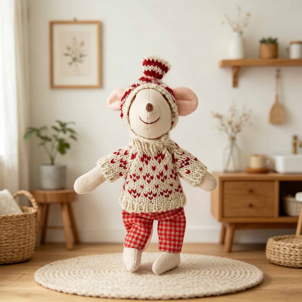 Red Grey Sweater Set Mouse Plush 15cm — front view