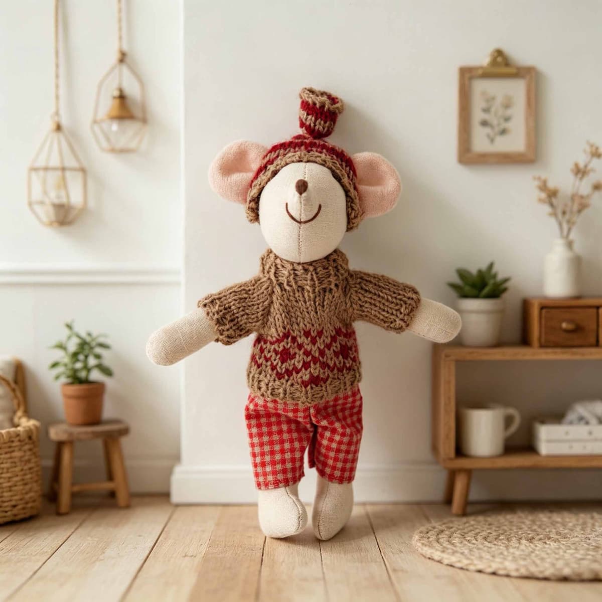 Red Brown Sweater Set Mouse Plush 15cm — front view