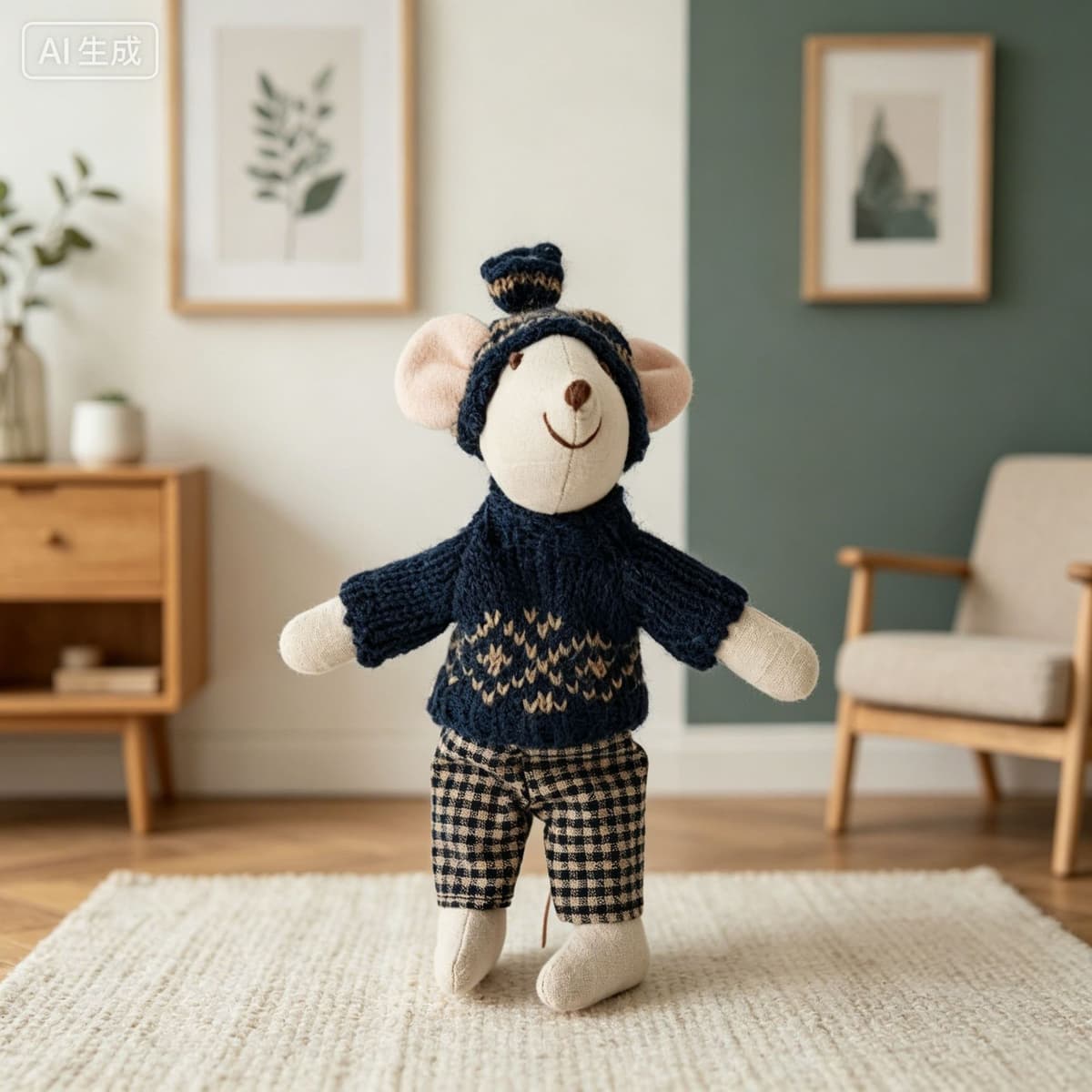 Blue Brown Sweater Set Mouse Plush 15cm — front view
