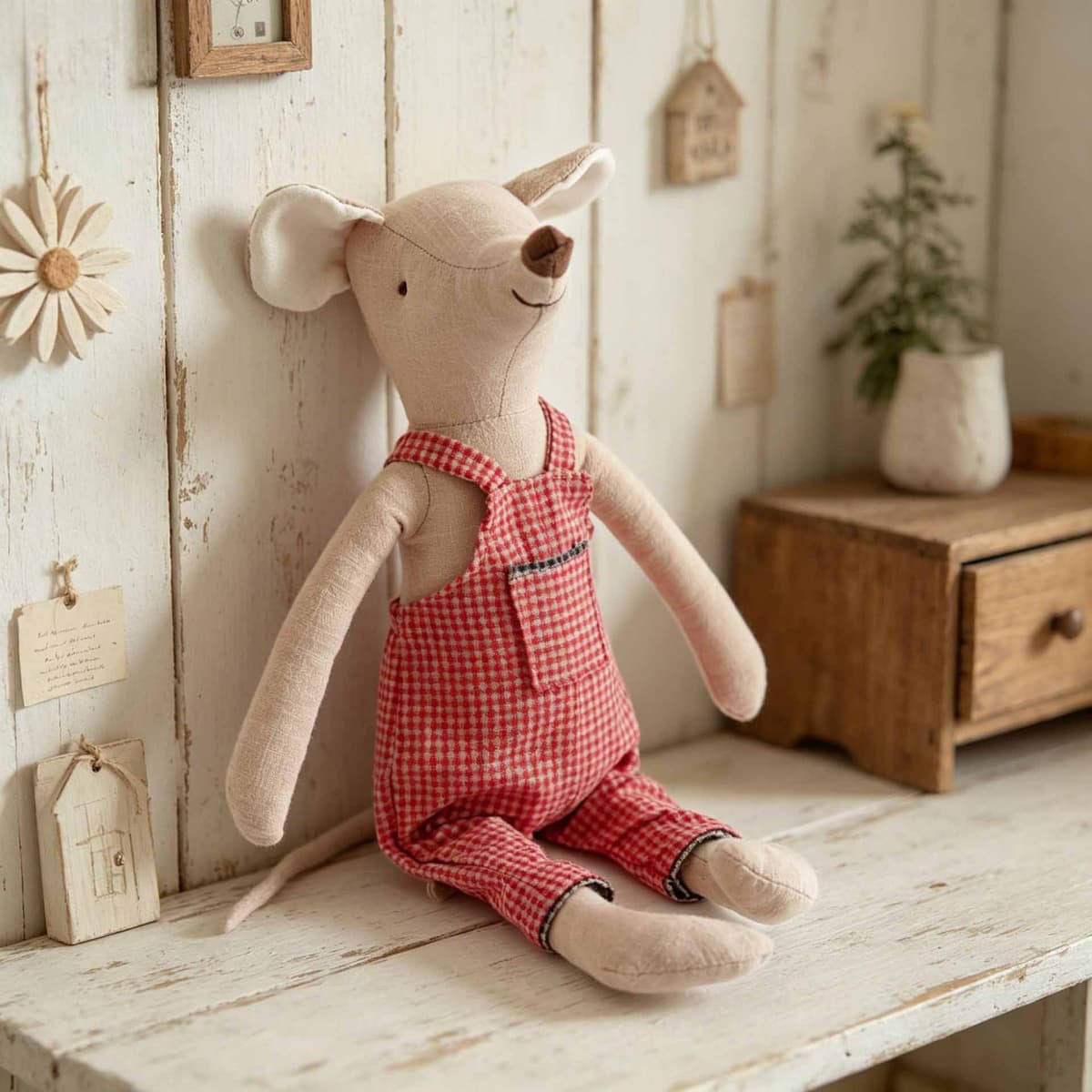 Red Check Overalls Mouse Plush 38.5cm — Mouses from Mowey Studio