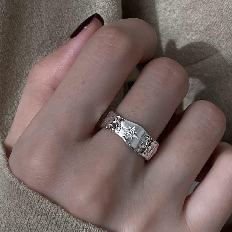 Star Bloom Wide Engraved Silver Ring — front view