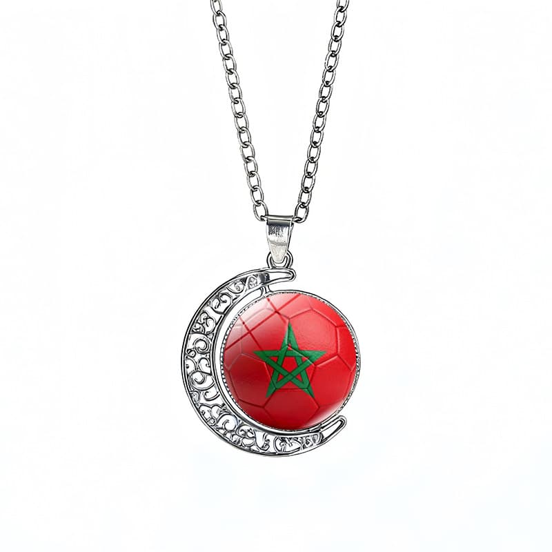 Morocco Flag Spinning Moon FIFA World Cup 2026 Sweater Chain Necklace — front view
